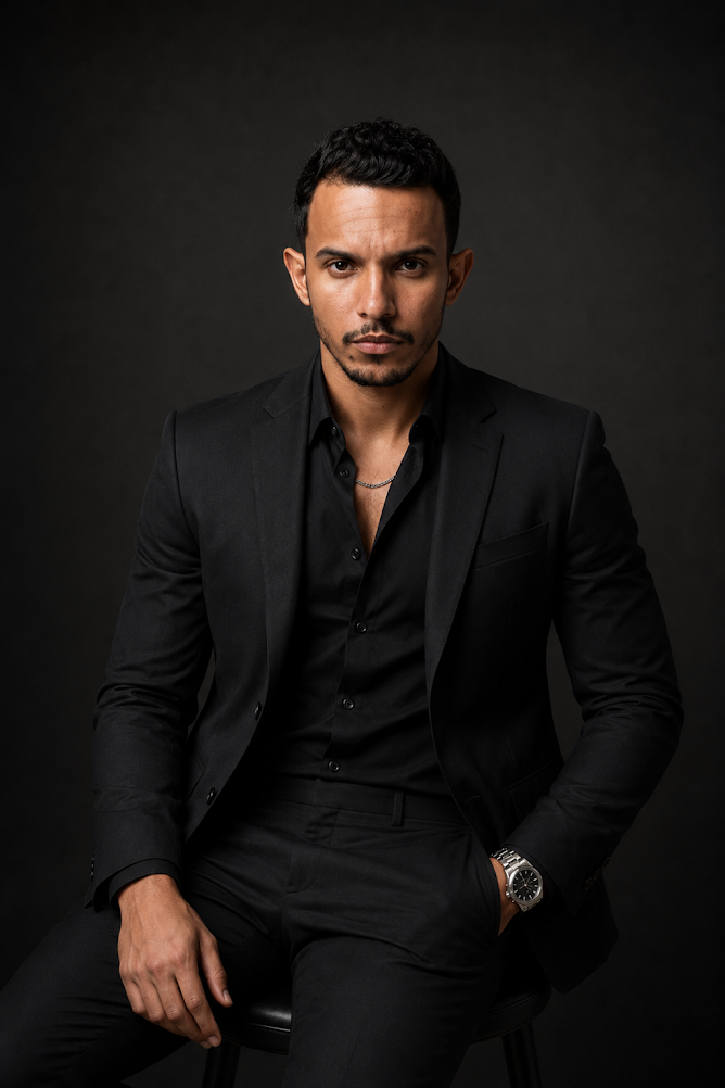 Elias em retrato premium vestindo terno preto